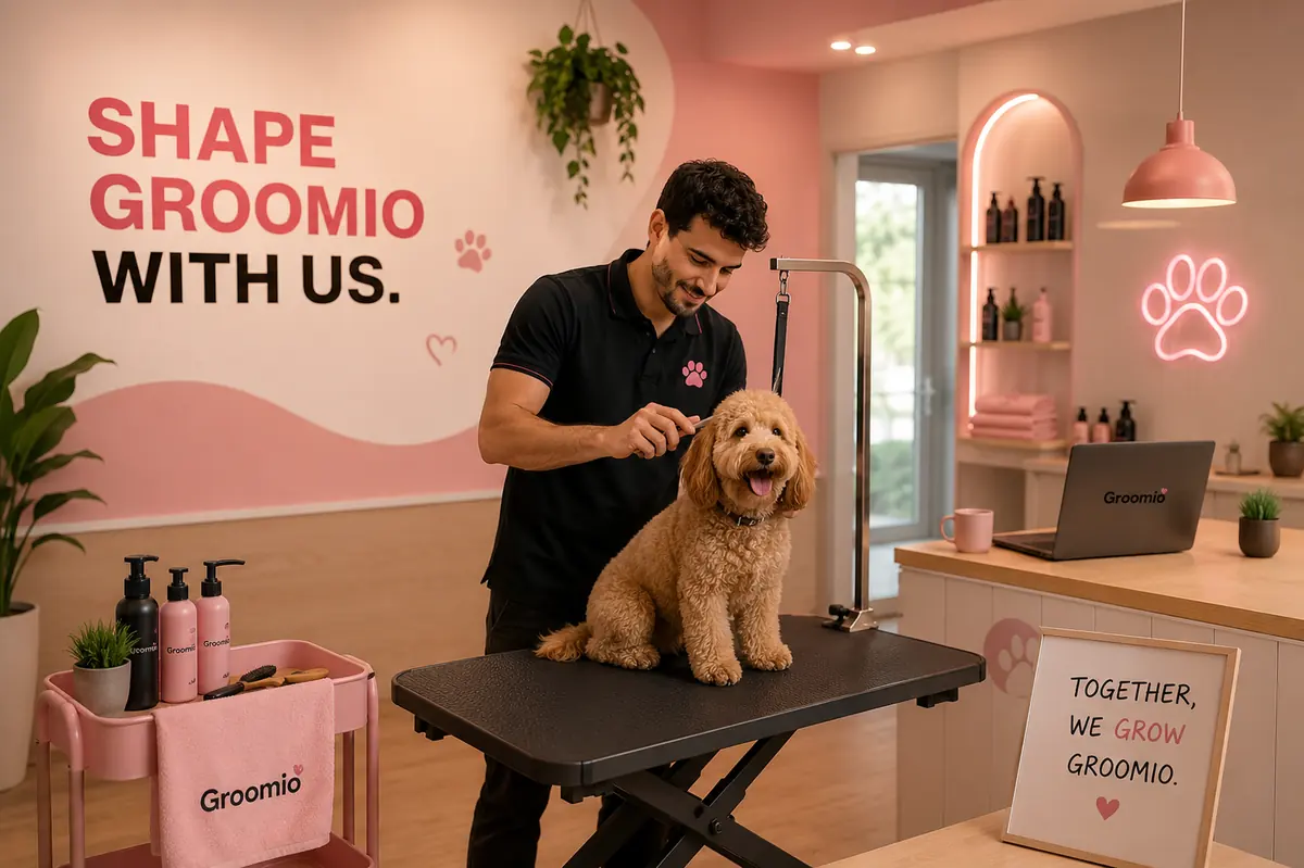 Hundefriseur testet Groomio mit einem Hund im Salon