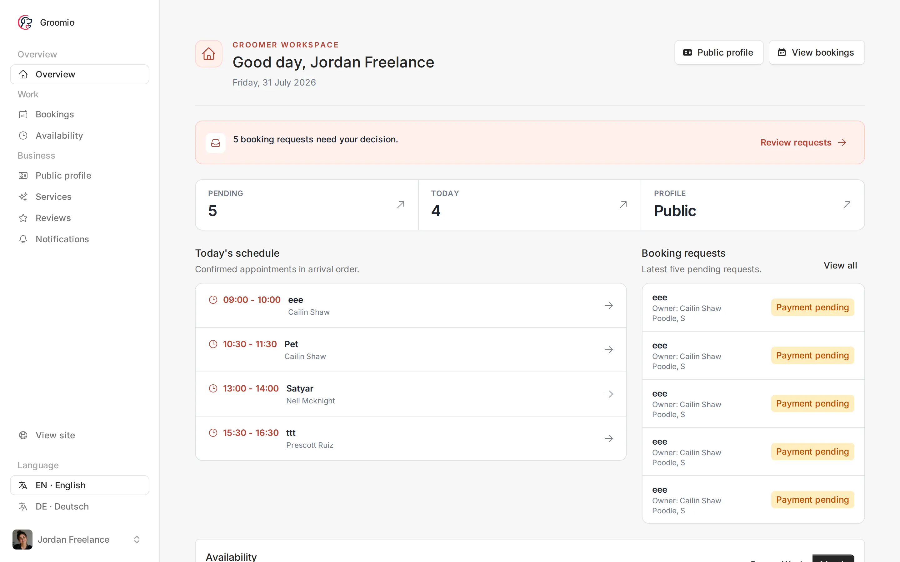 Groomio groomer dashboard showing the calendar, booking requests and the day’s appointments