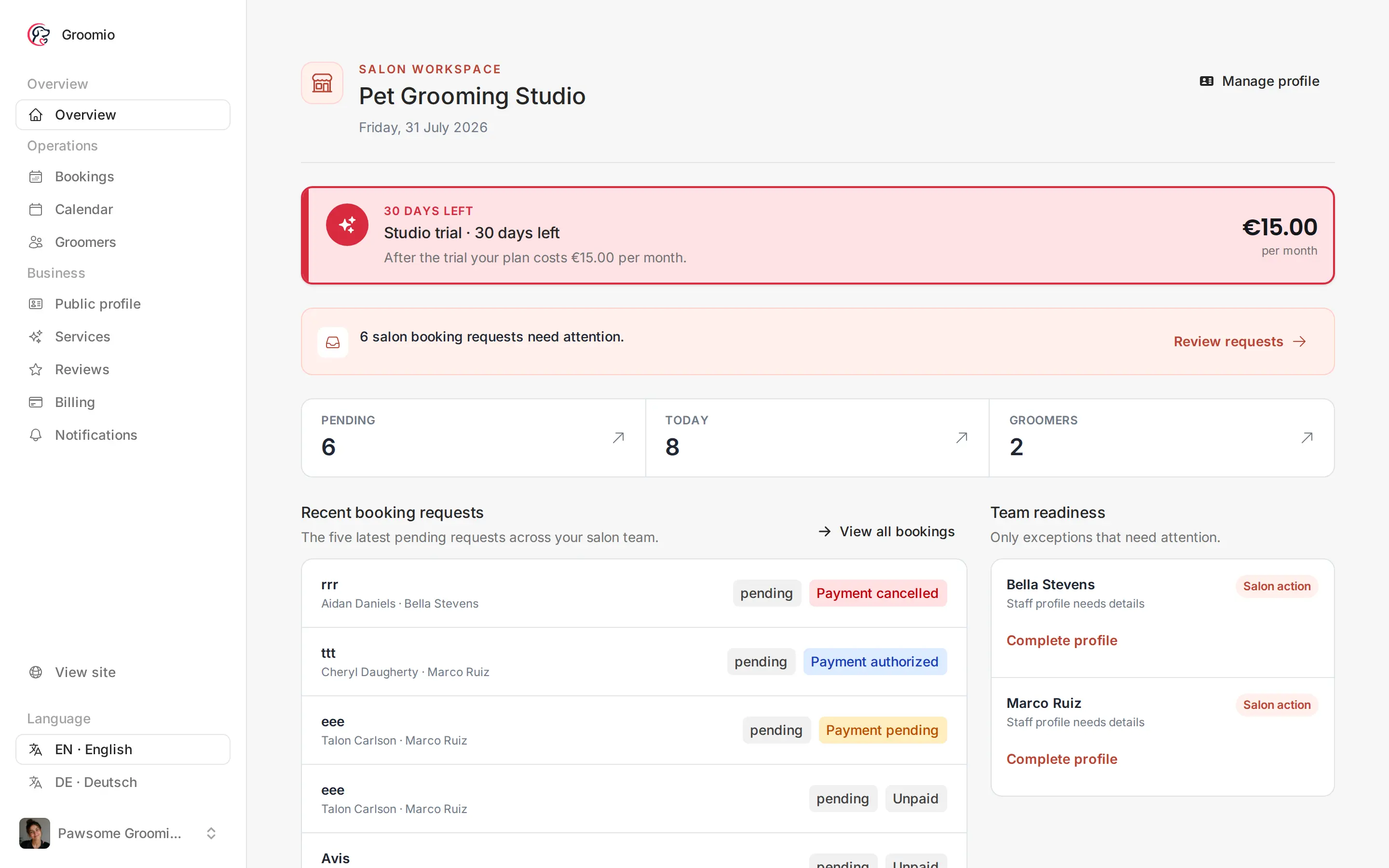 Groomio salon dashboard showing the team, booking requests and workload